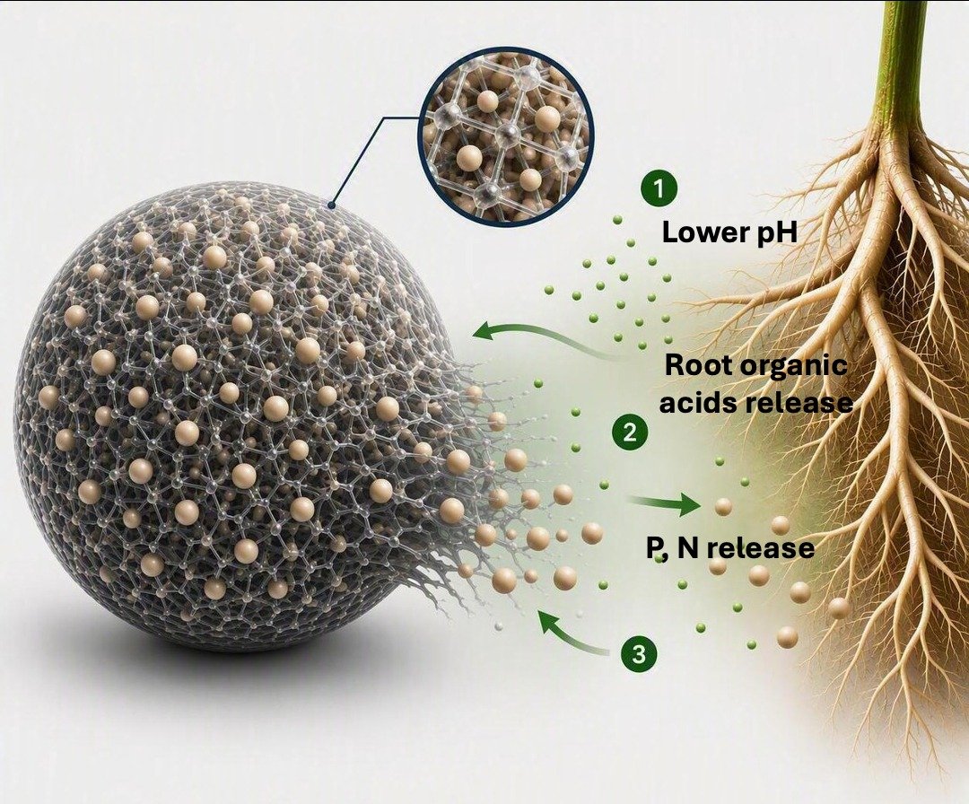 Fertiliser application: roots trigger nutrient release from the particle